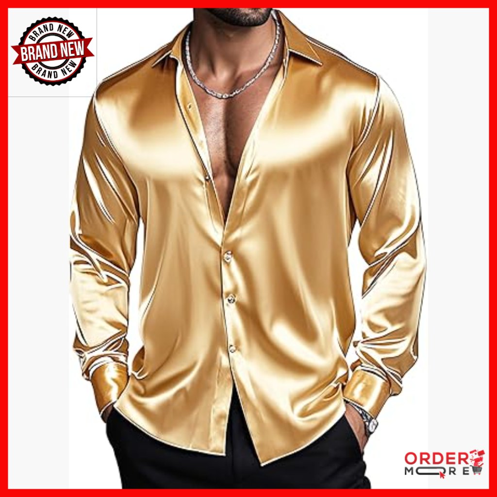 Men's Silk-Like Satin Dress Shirt Long Sleeve Button Down Formal Casual